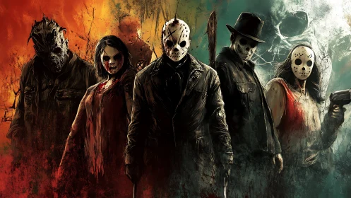 Masked slashers advance through burning surreal wasteland.