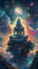 Blue deity figure meditating above luminous cosmic landscape.