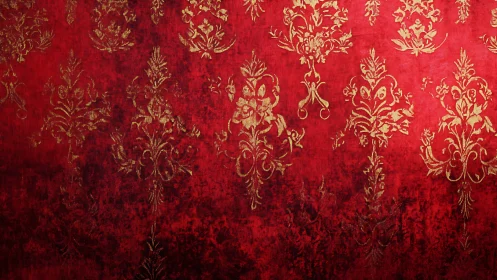 Ornate gold damask motifs glow over rich red velvet backdrop.