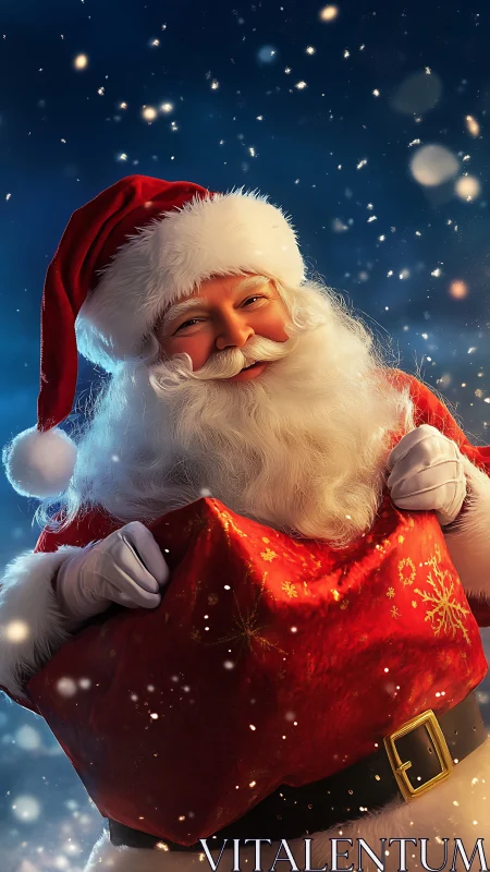 Santa Claus holding red gift sack in falling snow.