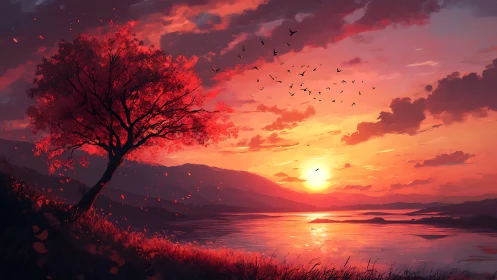 Red tree overlooks reflective lake at vivid sunset