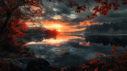 Sunset light intersects reflective forest lake surface