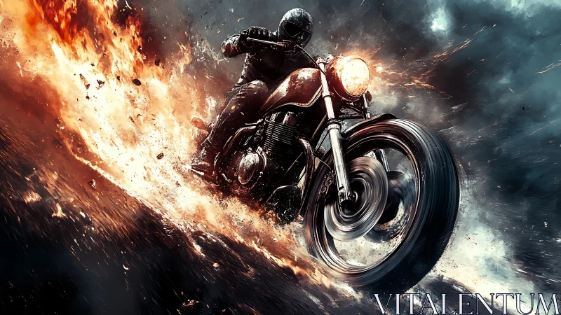 Motorcycle rider blasts through firestorm on highway.