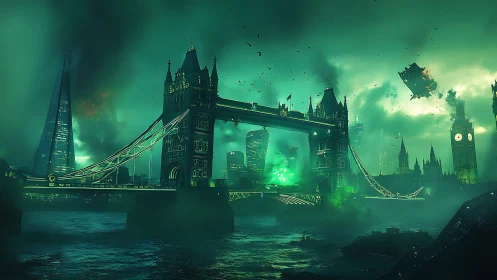 Emerald storm over London Bridge in a dreamy sci fi dusk.