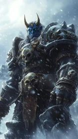 Horned ice warlord in heavy skull armor stands in snow.