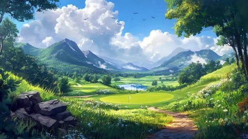 Mountain valley golf course landscape with lake and clouds.