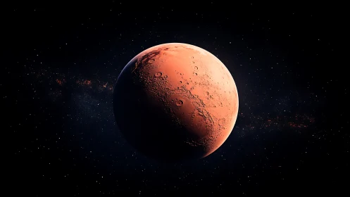 Rust red planet hangs like a slow-burning ember in space