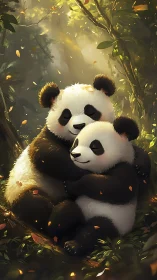 Cozy panda cuddle in a sunlit forest hideaway.