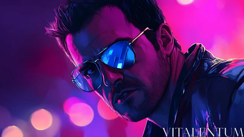 Neon-lit male portrait shows reflective eyewear and rim lighting