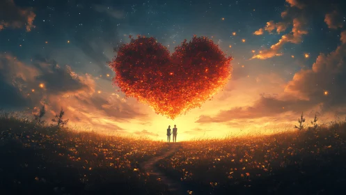 Two figures stand beneath a glowing heart-shaped light.