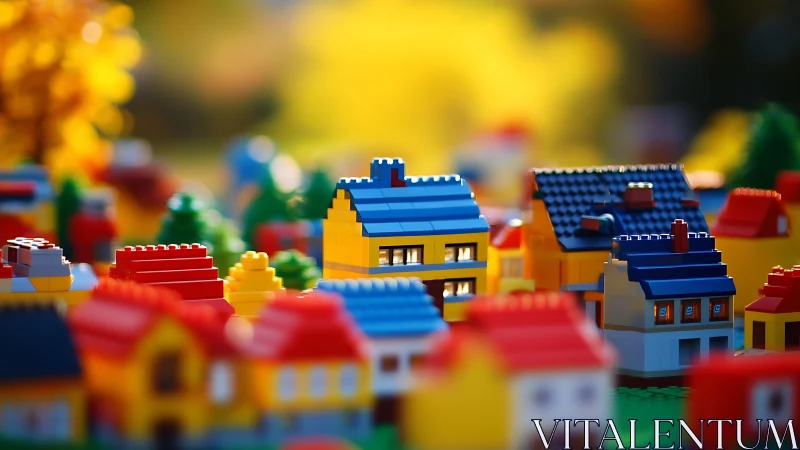 Plastic brick houses arranged in a small model town scene.