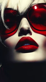 Crimson shades and glossy lips in a bold urban closeup.