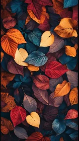 Overlapping autumn leaves display high-saturation complementary palette