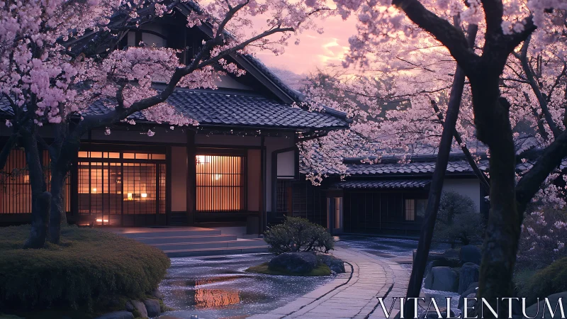 Traditional Japanese house under evening cherry blossoms.