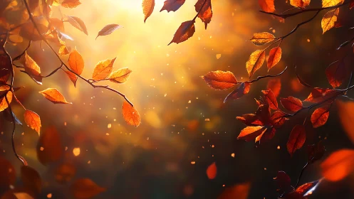 Autumn leaves glow under golden backlit forest haze.