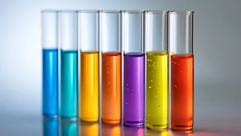 Chromatic test tube parade in a minimalist lab glow.