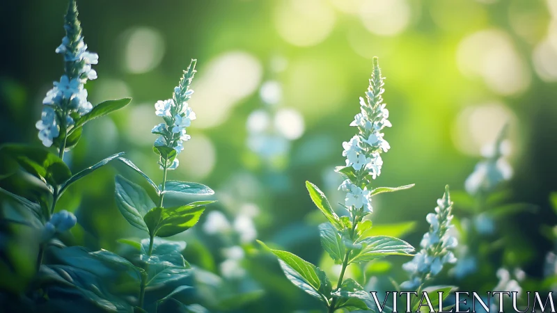 Small white flowers in sunlight with soft background blur.