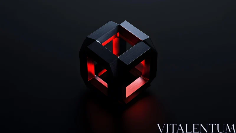 Futuristic Metallic Cube with Red Neon Light on Dark Background.