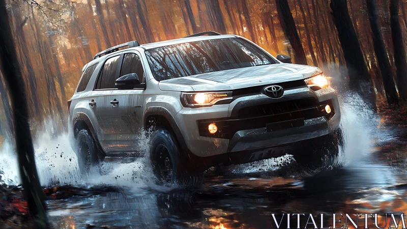 Off-road SUV powers through autumn forest water trail.
