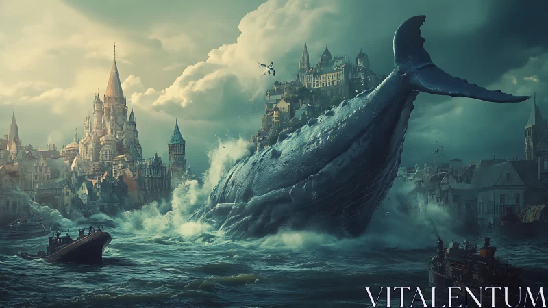 Colossal whale erupts through a flooded fantasy cityscape.