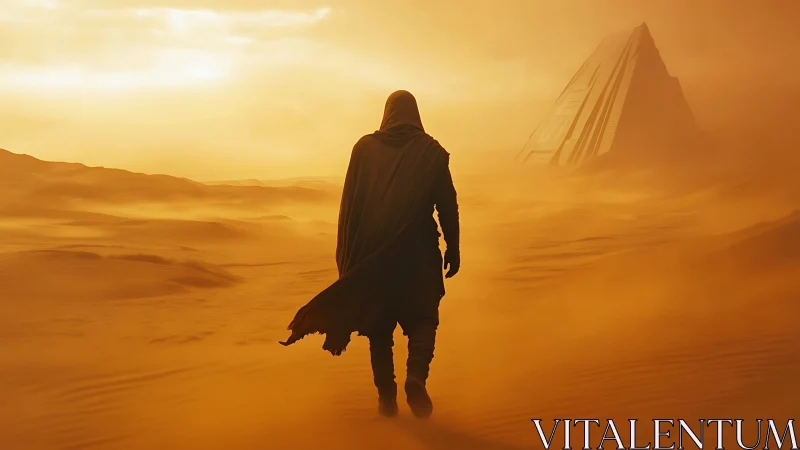 Cloaked figure walks through orange desert toward distant monument