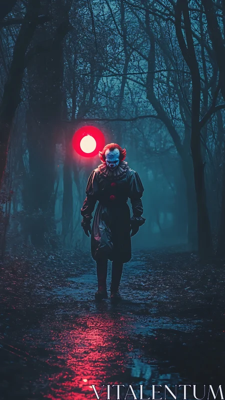 Creepy clown figure walking alone on a wet forest path.