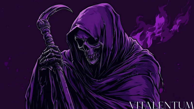 Grim reaper in violet shroud holds scythe in eerie glow.