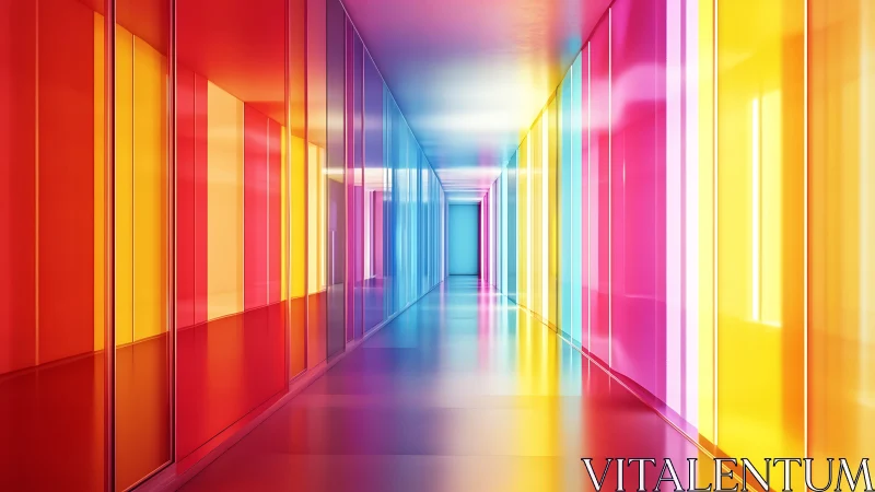 Prismatic glass corridor glows with saturated neon color.