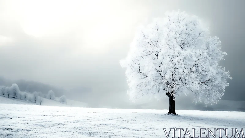 Solitary frost covered tree in open winter landscape.