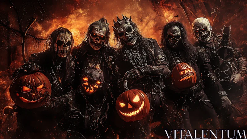 Masked figures with jack o lanterns in fiery Halloween scene.