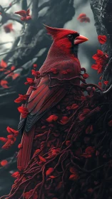 Crimson cardinal integrated with twisting red vines in muted forest