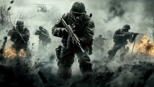 Infantry squad advances through smoky battlefield under helicopter cover