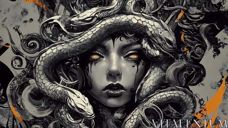 Medusa portrait with coiled serpents and high contrast ink rendering