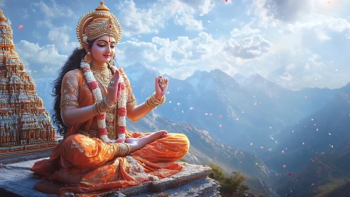 Digital painting of serene Hindu goddess in alpine mandala space.