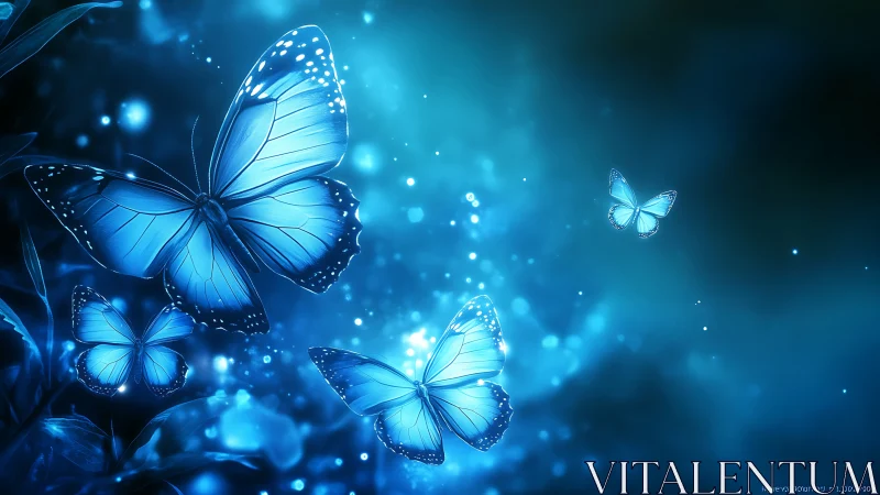 Glowing blue butterflies drift through a dreamy night sky.
