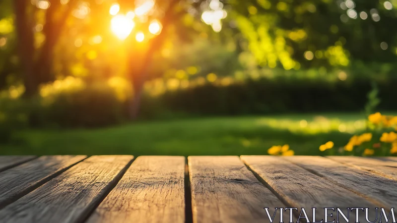 Rustic wooden table with sunlit garden background, warm tone.