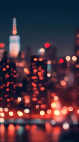 Defocused city skyline with neon bokeh lights at night