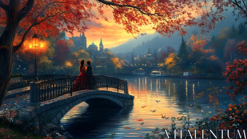 Autumn Bridge at Dusk with Castle Silhouette.