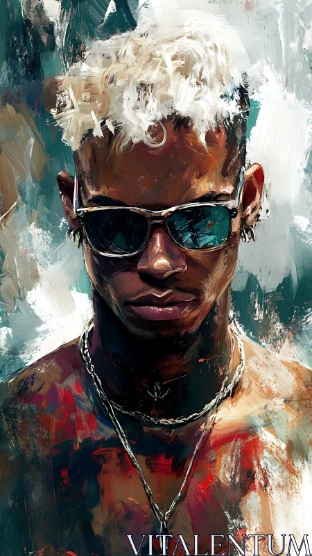 Chromatic portrait study of reflective sunglasses and bleached hair.