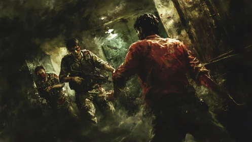 Armed survivor confronts infected soldiers in ruined corridor