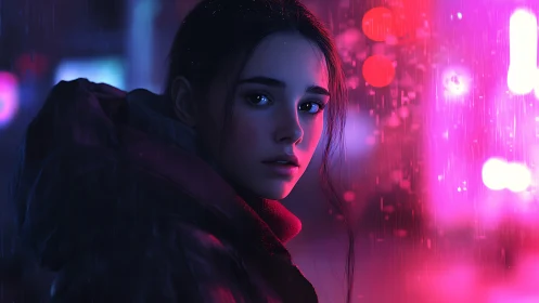 Neon rain drapes a lone night wanderer in electric hush.