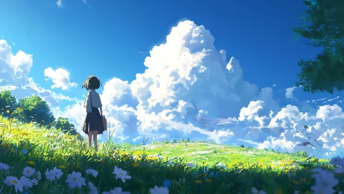 Girl observing cloud-filled sky above bright wildflower field.