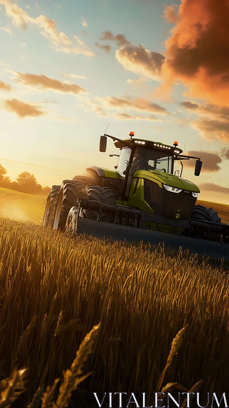 Golden hour tractor glides through sunlit wheat fields