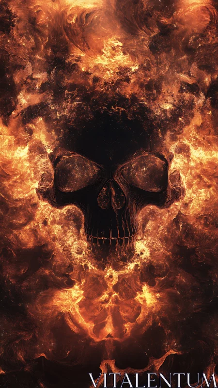 Flaming skull silhouette emerges from swirling inferno.