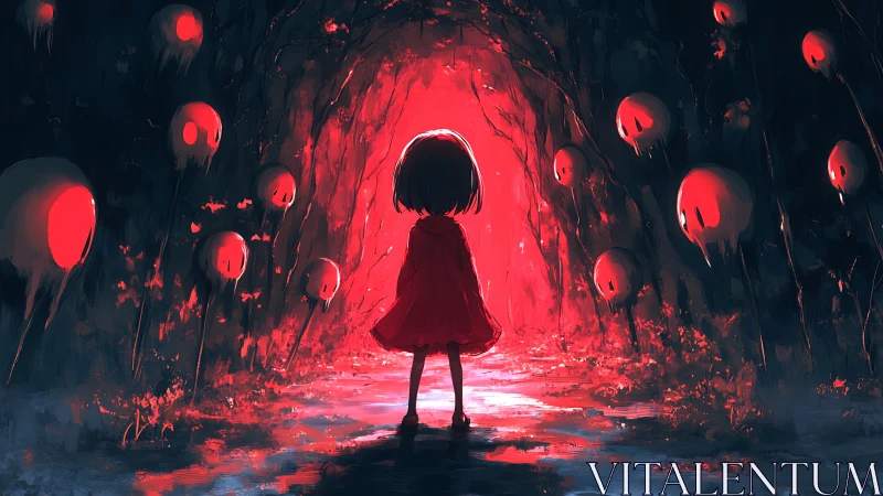 Child in red cloak enters eerie red tunnel of ghost lights