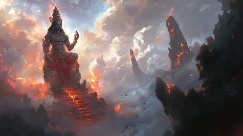 Divine deity seated above volcanic clouds in cinematic fantasy