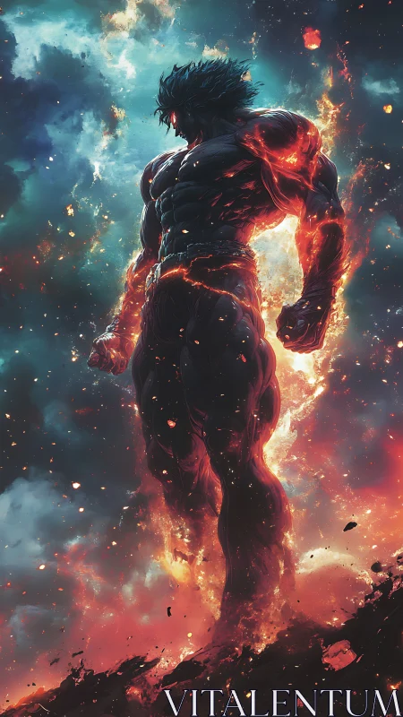 Molten titan rises through stormlit cosmic inferno.