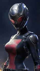 Futuristic armored humanoid figure in red and black suit.