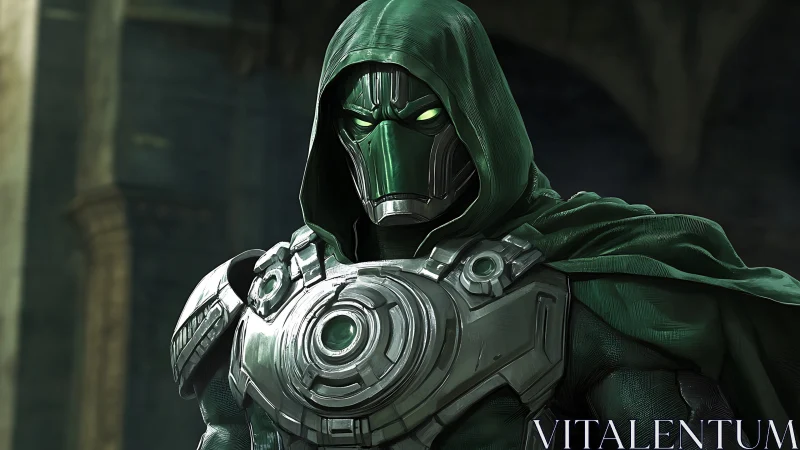 Hooded emerald warforged sentinel with eerie neon gaze.