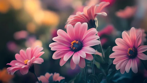 Pink Gerbera Daisies in Soft Focus Garden Setting
